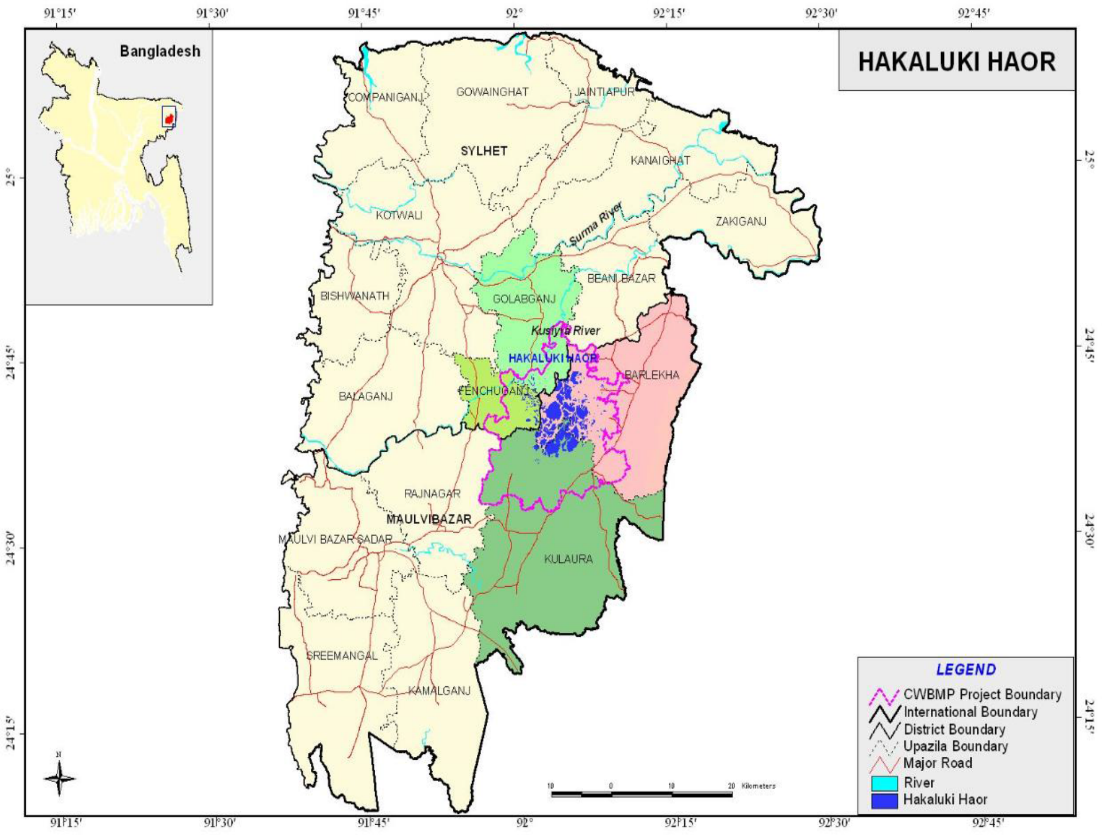 Figure 1. Map of the studied Hakaluki haor area in Barlekha upazila, Moulvibazar, Bangladesh [Source: Map drawn under Community-Based Wetlands Biodiversity Management Program (CWBMP) by the CNRS GIS unit, Dhaka].